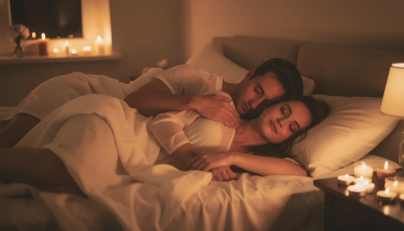 An intimate couple lies closely together in a softly lit room illuminated by flickering candlelight, creating a warm and romantic atmosphere. Their body language suggests a deep emotional connection, as they share whispers and playful dirty talk, enhancing the sexual tension between them.