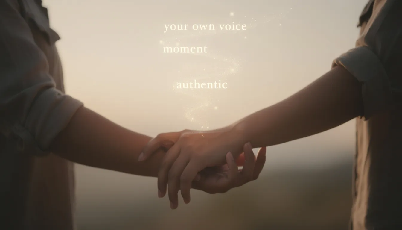 The image captures a tender moment where one person's hand gently clasps another's wrist, embodying a sense of intimacy and connection. Soft, glowing words like "your own voice" and "authentic" rise gently in the warm, hopeful light, symbolizing the natural journey of building deeper emotional connections and exploring intimate moments together.