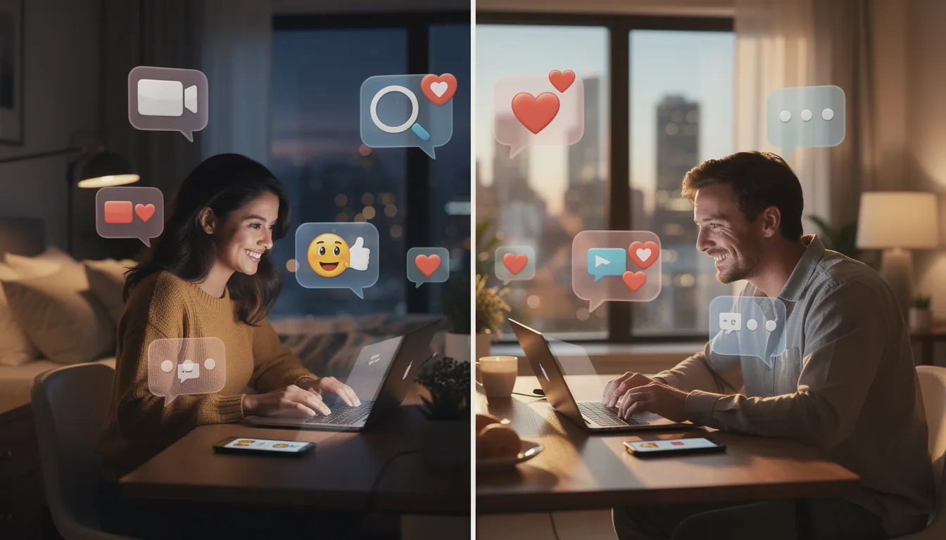 A couple is seen maintaining their emotional connection through technology in a long-distance relationship, sharing intimate moments and steamy texts that build sexual tension, while they engage in playful and naughty conversations. Their body language suggests a deep affection, as they whisper dirty things to each other, keeping the spark alive despite the distance.