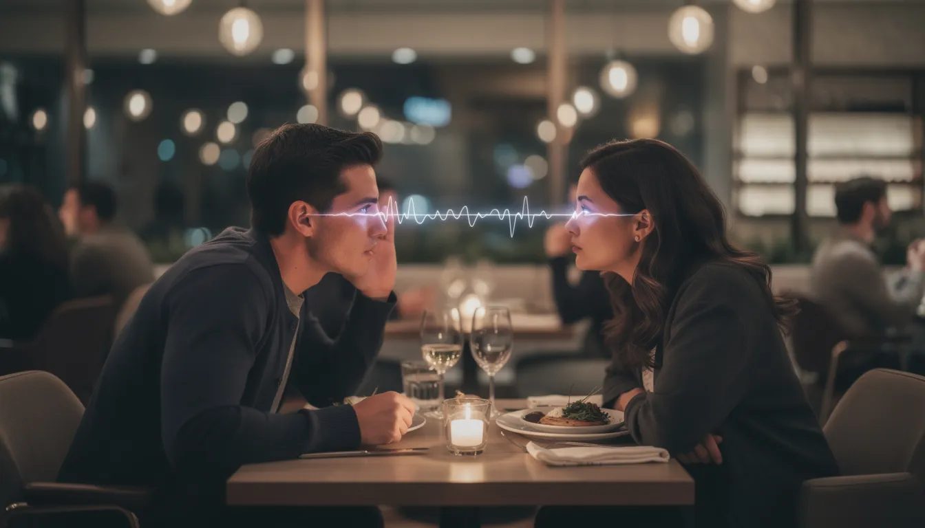 A couple sits closely at a restaurant, their eyes locked in an intimate gaze, with a thin, glowing line pulsing between them, symbolizing their private connection. While they appear to be simply in love to onlookers, the moment is charged with the kind of deep, playful communication often found in dominant dirty talk, hinting at their shared secrets and desires.