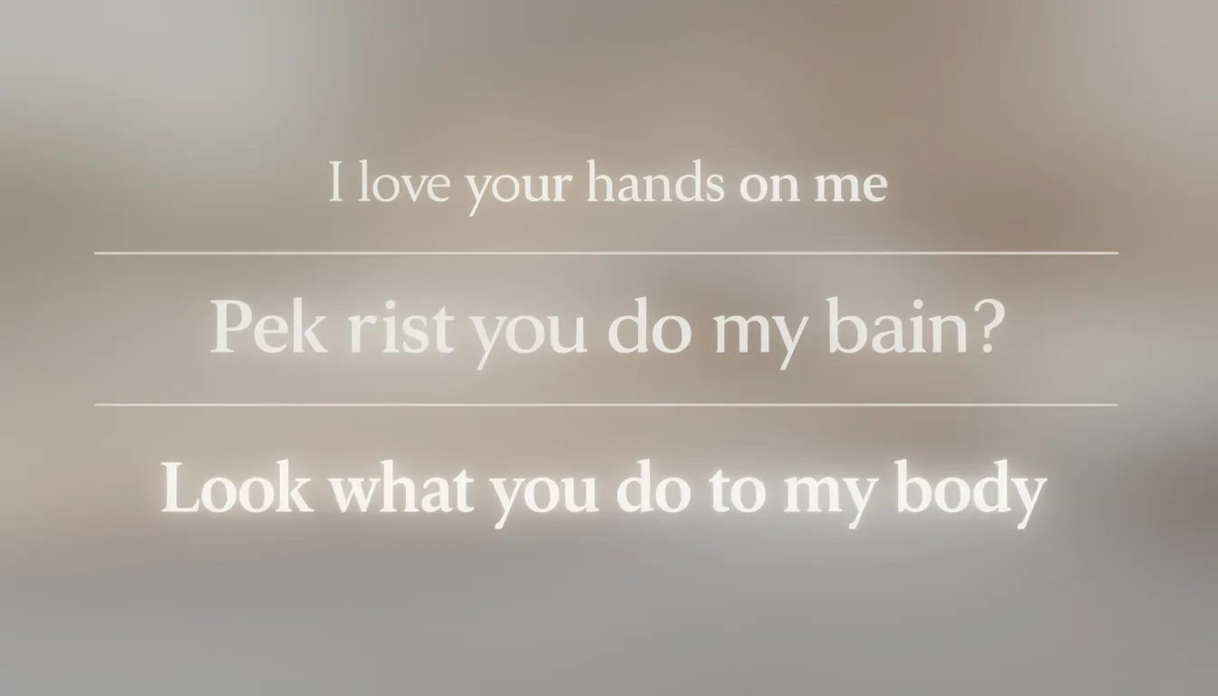 The image features a clean grid displaying four glowing lines of text that escalate in intensity, starting with the soft phrase "I love your hands on me" and culminating in the more direct "Look what you do to my body." The soft, neutral background keeps the focus on the words, which evoke feelings of intimacy and sexual tension, perfect for those looking to spice things up in their sex life.