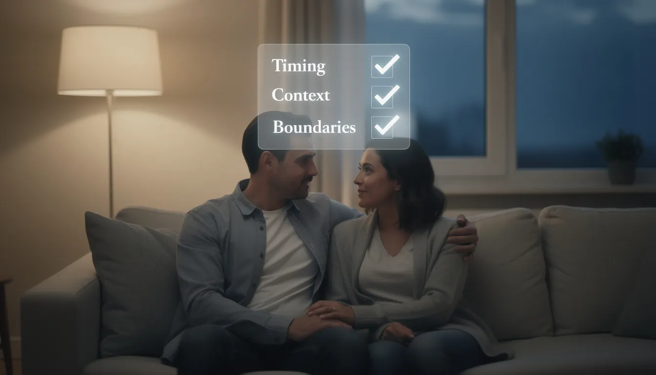 In a serene evening setting, a couple sits closely on a couch, sharing soft whispers as a glowing checklist floats between them, highlighting trust and boundaries. The atmosphere is charged with sexual tension, hinting at the intimate conversations and naughty dreams they are ready to explore together.