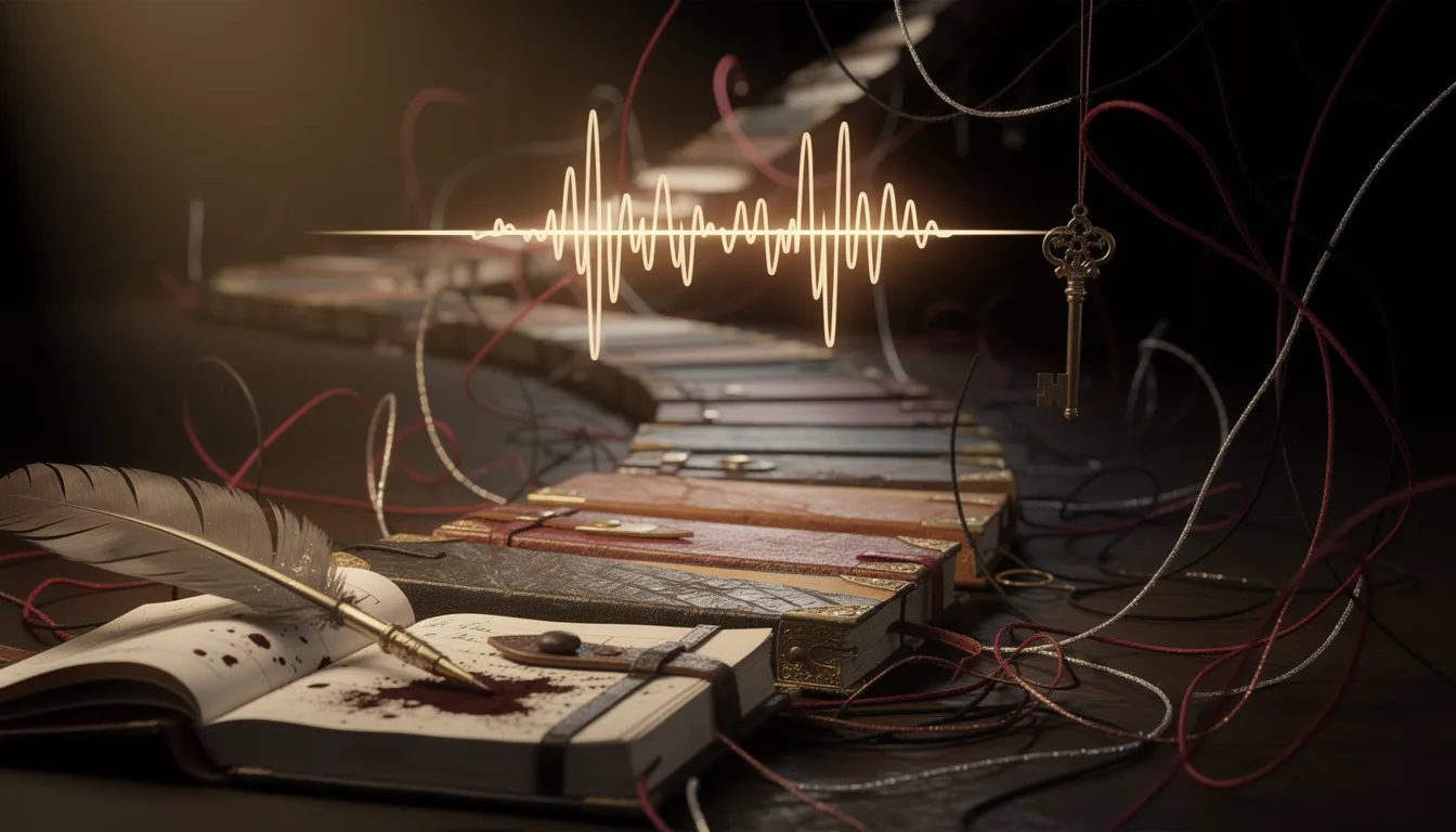 The image depicts a serene and intimate setting featuring worn leather-bound journals and delicate threads connecting symbols of communication like a quill and a voice waveform, illuminated by a warm light. This evocative scene represents the personal journey of discovering a unique style in BDSM dirty talk, emphasizing the importance of clear communication and deep connection in a fulfilling sex life.