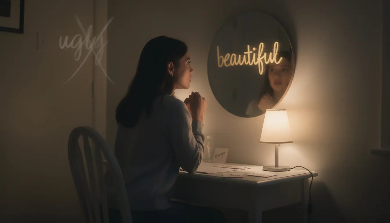 A woman sits in front of a mirror, deeply focused as she practices her words, her expression revealing a journey of self-discovery. In the reflection, a ghostly 'X' marks a harsh word, while the warm glow of 'beautiful' symbolizes the power of finding one's own voice over using someone else's, illustrating how intimate moments can transform awkward moments into confidence.