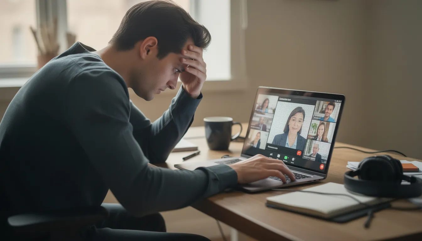 A person with a frustrated expression is staring at a frozen video call screen, highlighting the challenges of maintaining intimacy in a long distance relationship. The image captures the emotional tension that can arise when communication falters, especially when trying to keep the spark alive through sexy texts and video calls.