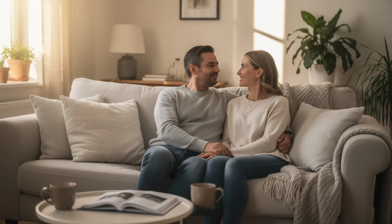 A relaxed couple sits comfortably together, engaged in a gentle conversation that fosters open communication and intimacy. Their body language suggests a deep connection, as they explore their feelings about their love life and discuss various scenarios that could enhance their passionate encounters.