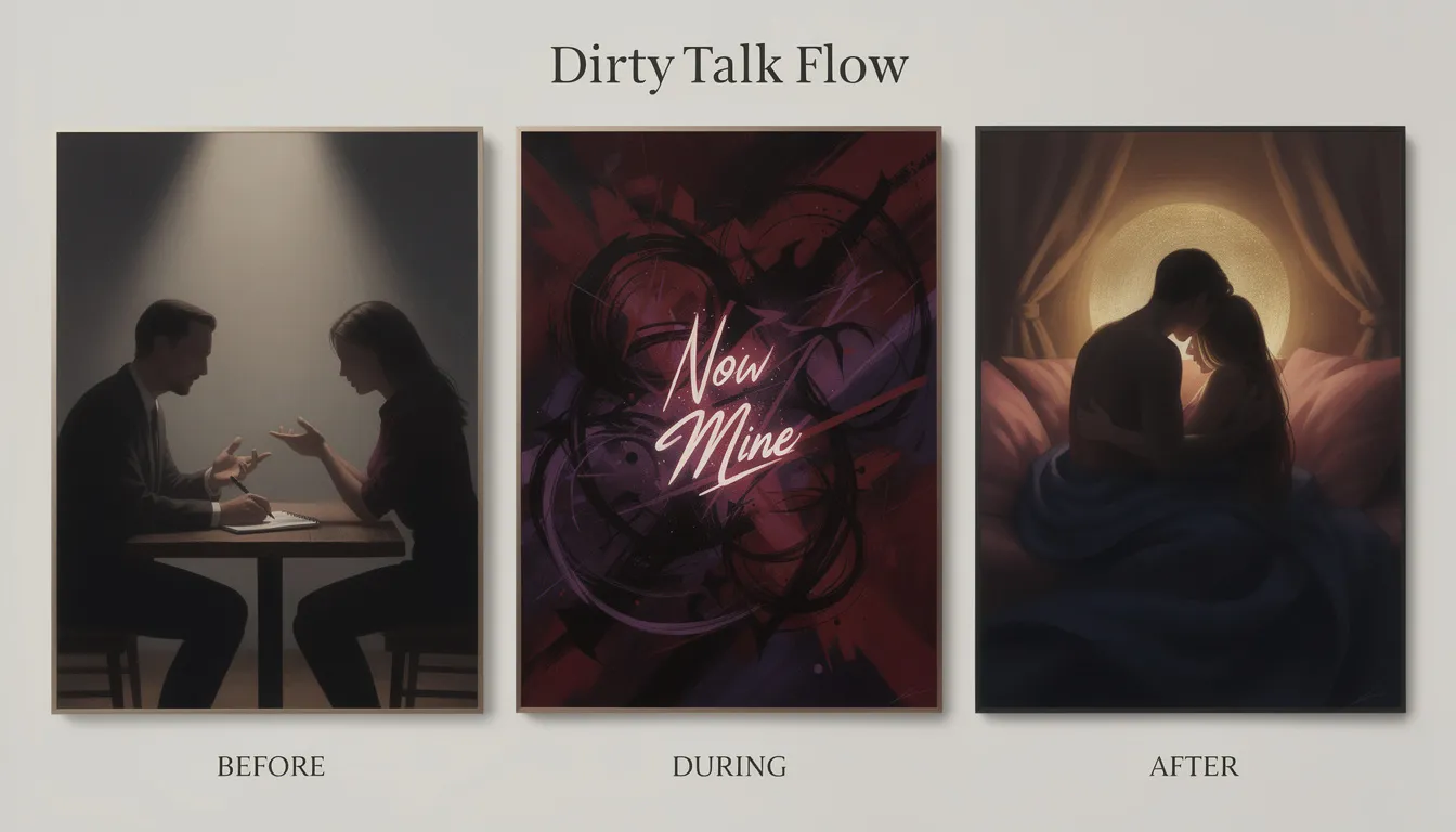 This elegant triptych art piece captures the three phases of a BDSM scene's 'Dirty Talk Flow': the calm negotiation in soft light on the left, dynamic and intense colors with sharp phrases like 'Now' and 'Mine' in the center, and a warm, embracing glow symbolizing aftercare on the right, reflecting the emotional depth and connection in a sex life filled with clear communication and pleasure.