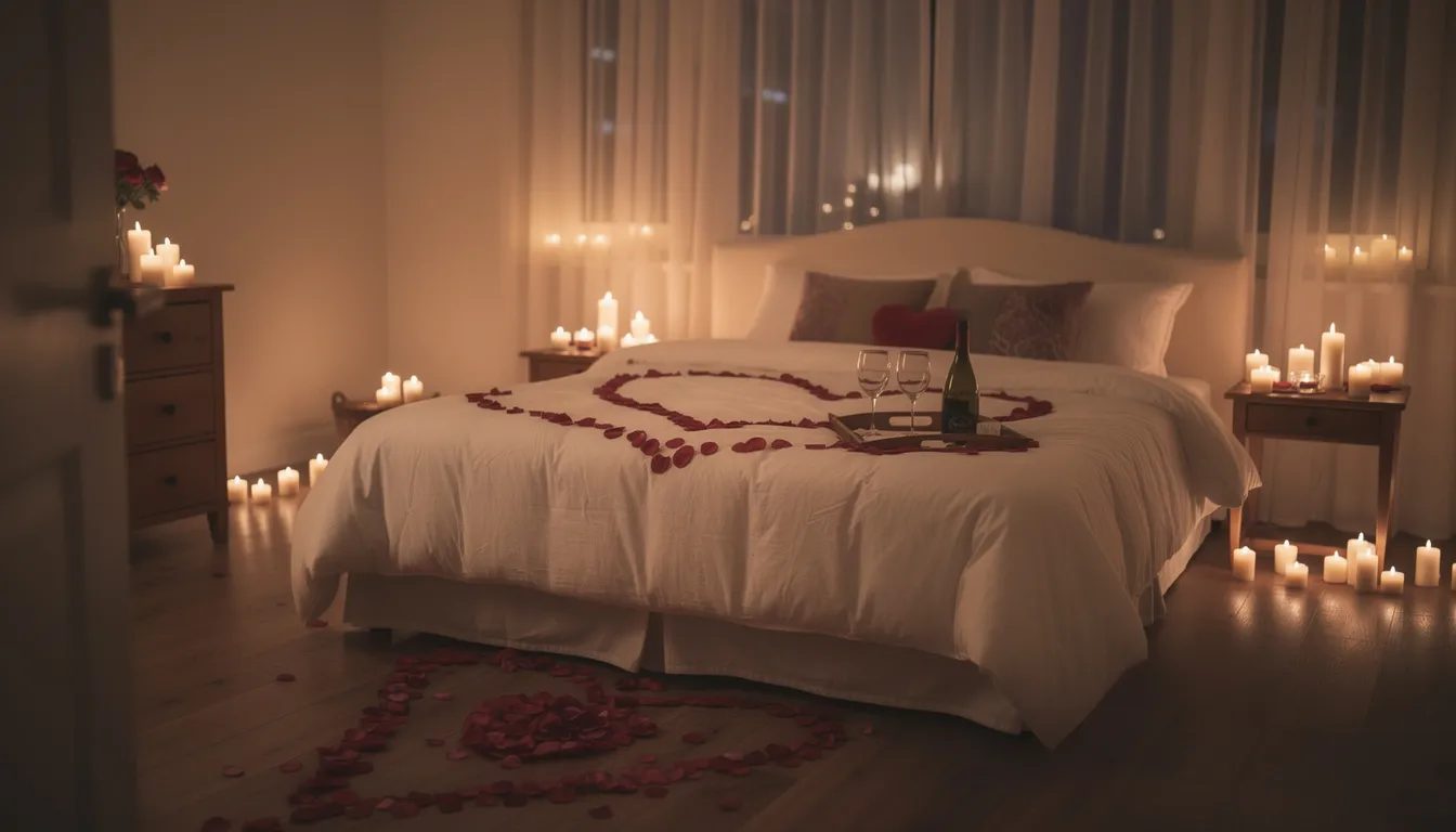 The image depicts a romantic bedroom setup adorned with flickering candles and scattered rose petals, creating an intimate atmosphere perfect for a night of connection and conversation. This cozy scene invites couples to explore their fantasies and maintain intimacy, whether through sexy texts or a phone call with their long distance lover.