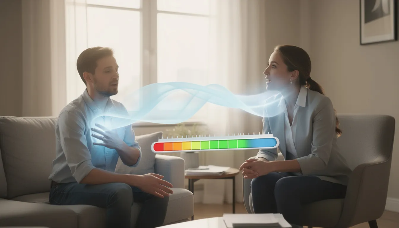 In a serene therapy session, a therapist uses a gentle, soft voice, represented by a calming blue light that envelops an anxious client, promoting a feeling of safety and openness. A visual stress meter indicates the client's decreasing tension, illustrating the impact of soft sounds and personal attention on emotional well-being and relaxation.