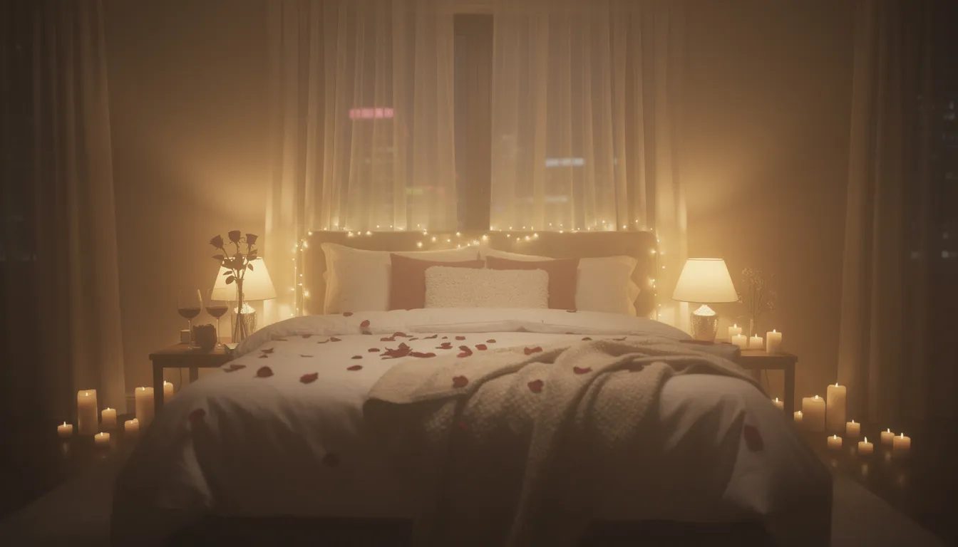 The image depicts an intimate bedroom scene, softly illuminated by mood lighting that creates a romantic atmosphere, perfect for building sexual tension. The cozy setting suggests a space for deep connection and passionate moments, inviting thoughts of sexy talk and pleasurable experiences.
