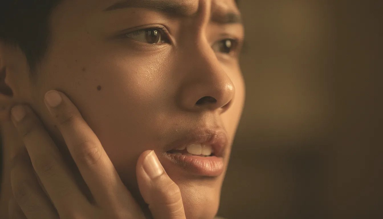 A close-up of a face illuminated by soft golden light during an intimate moment, showcasing a parted mouth, a gazing eye, and a tense jawline. A thumb gently caresses the cheekbone, capturing the intensity of connection and the power of being seen in this passionate experience.