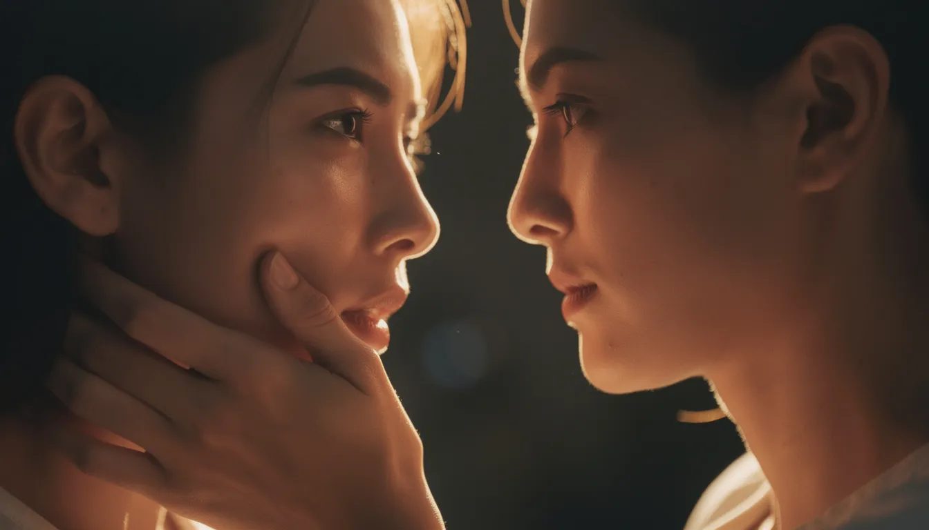 A close-up moment captures one person's hand gently cupping the other's face, their expressions revealing a mix of dominance and devotion. The soft, golden light envelops them, creating a safe and intimate atmosphere filled with sexual tension and connection.