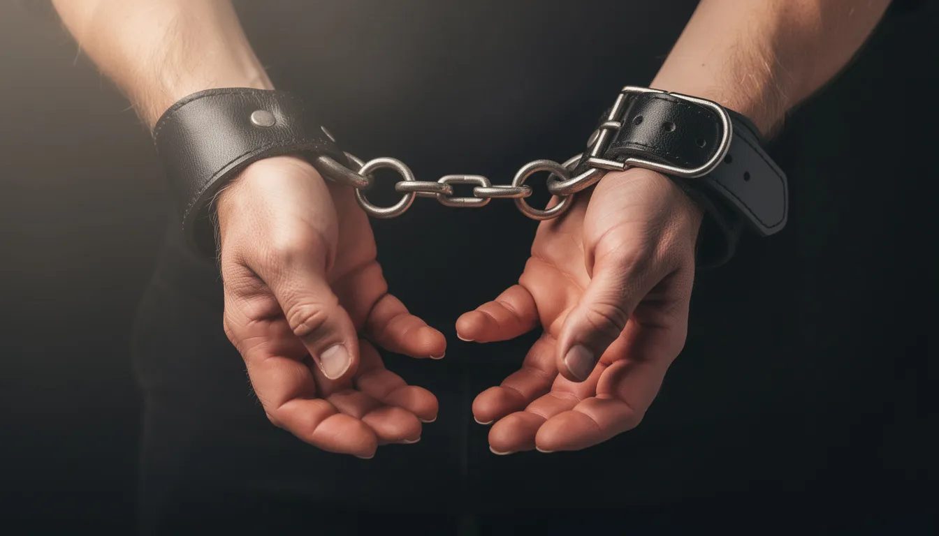 The image depicts a pair of hands secured in bondage gear, symbolizing a consensual power exchange dynamic. The restraints highlight the themes of submission and dominance, evoking feelings of trust and pleasure in a BDSM context.