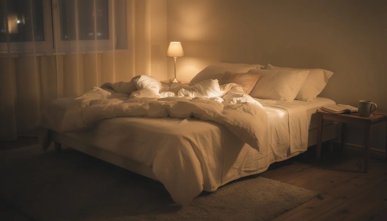 The image depicts a cozy bedroom bathed in soft lighting, featuring rumpled sheets that suggest intimacy and comfort. The warm atmosphere invites an emotional connection, perfect for flirty comments and building sexual tension, making it an ideal setting for a romantic night.