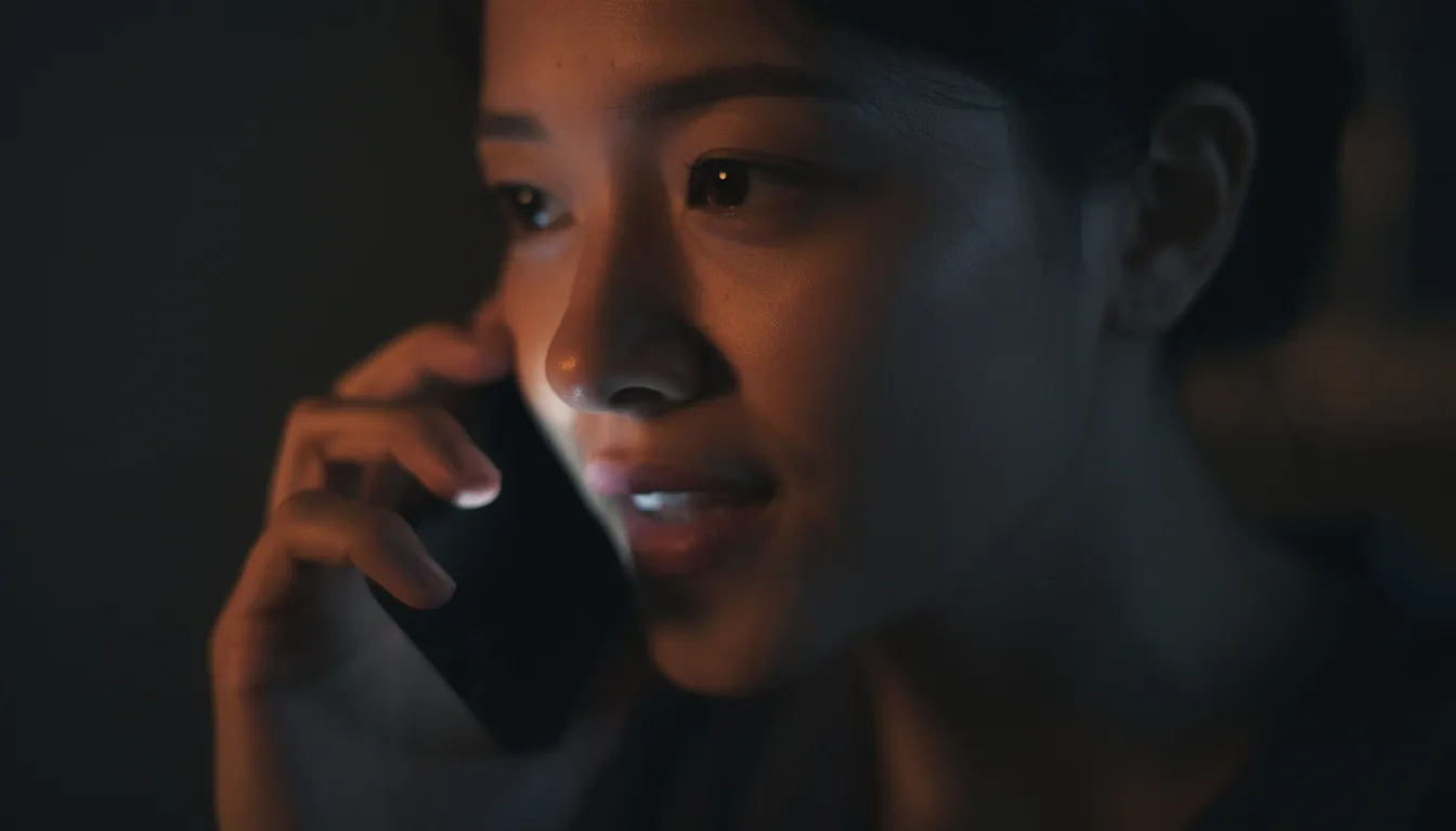 The image shows a person speaking intimately on the phone in low lighting, creating a romantic atmosphere that suggests a connection filled with sexual tension and anticipation. Their body language conveys a sense of comfort and excitement as they engage in a conversation that might include dirty talk or sexy messages, perfect for maintaining intimacy in a long distance relationship.